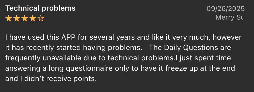 Screenshot of YouGov customer review complaining about technical problems