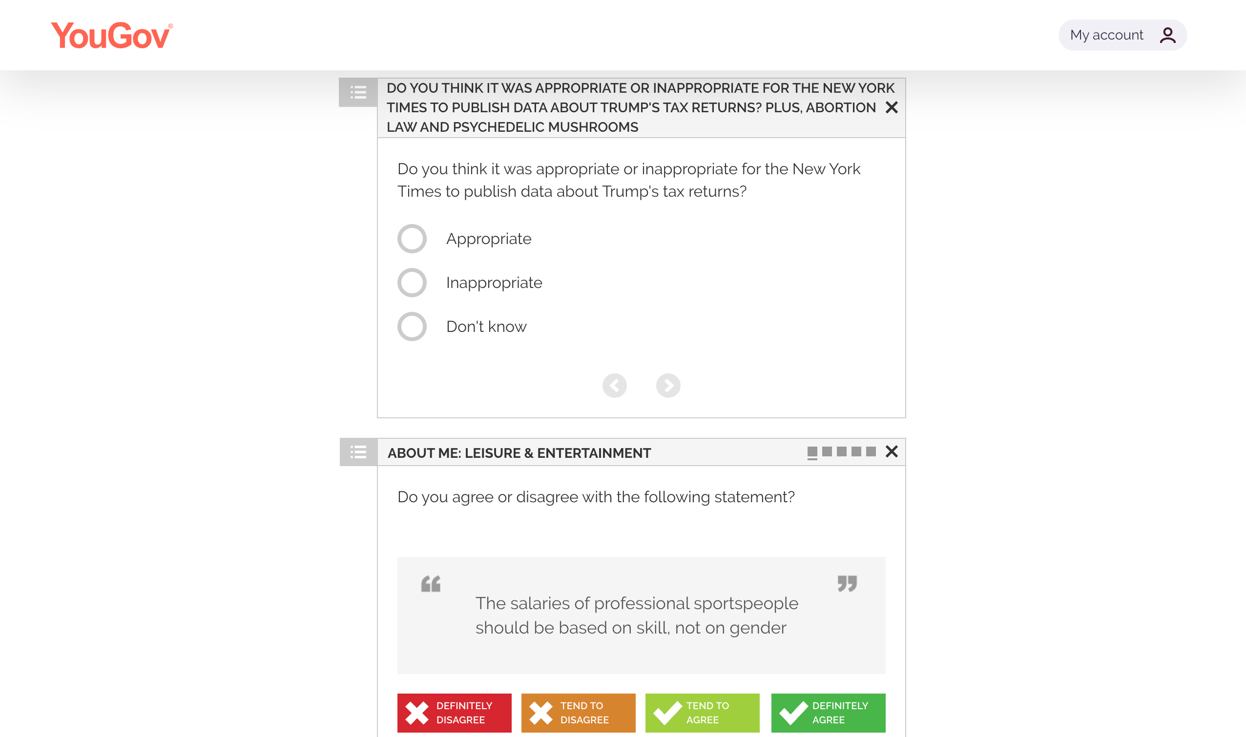 Screenshot of YouGov survey asking for user's opinion on news article and entertainment preferences