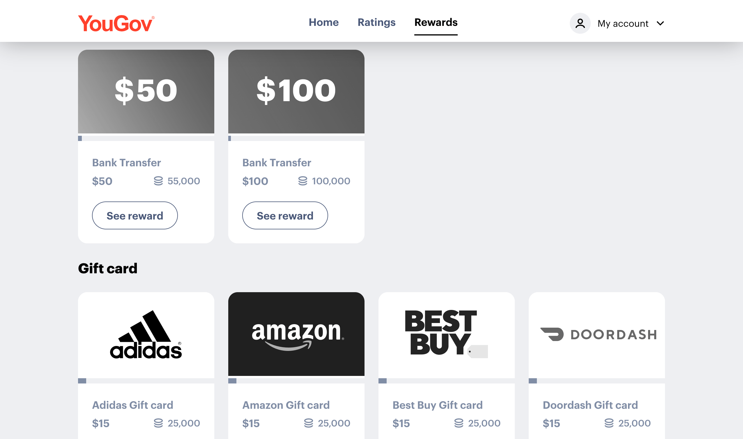 Screenshot of YouGov cashout options