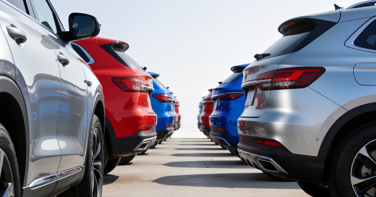 Row of colorful SUVs parked