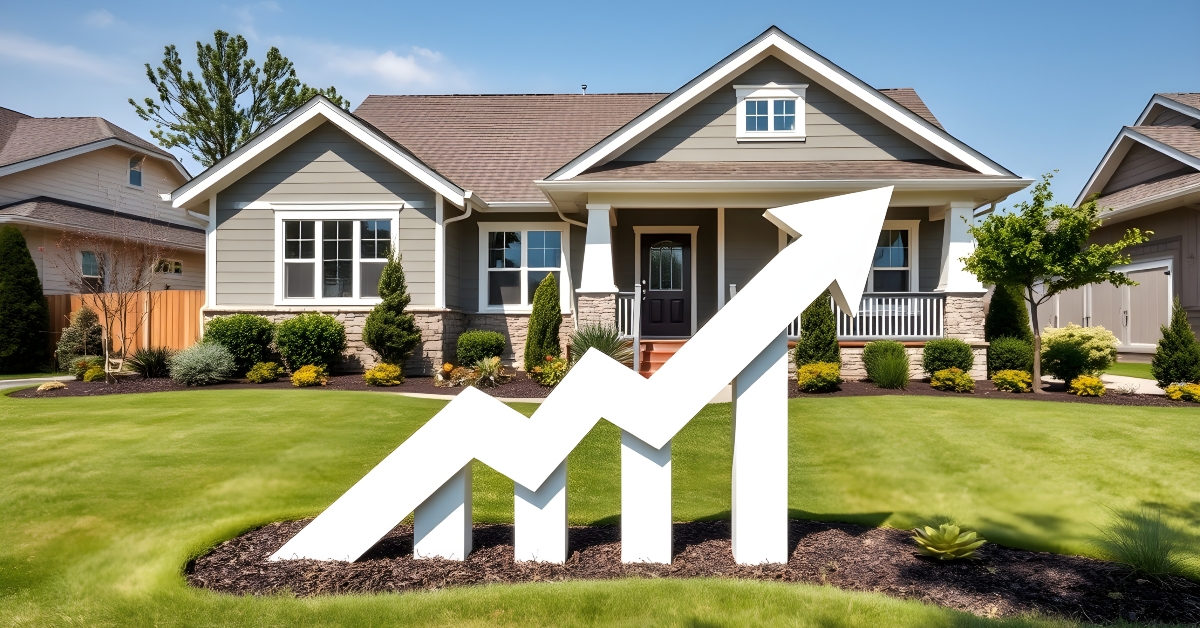 house with a rising arrow bar chart