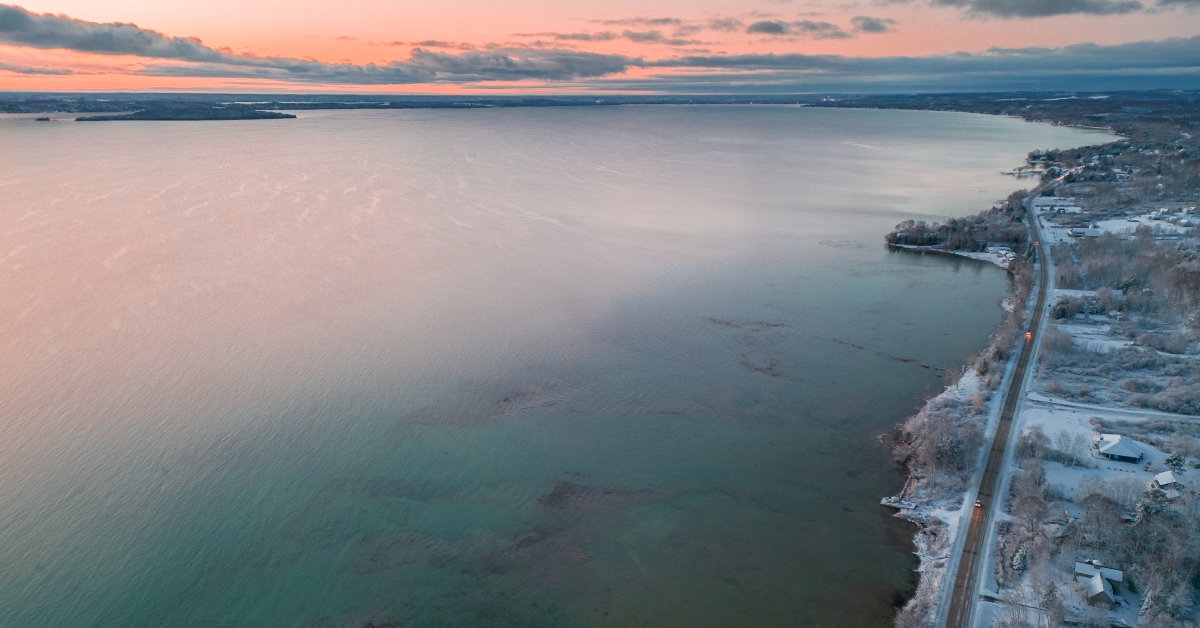 Aerial View of Snow Covered Suttons Bay