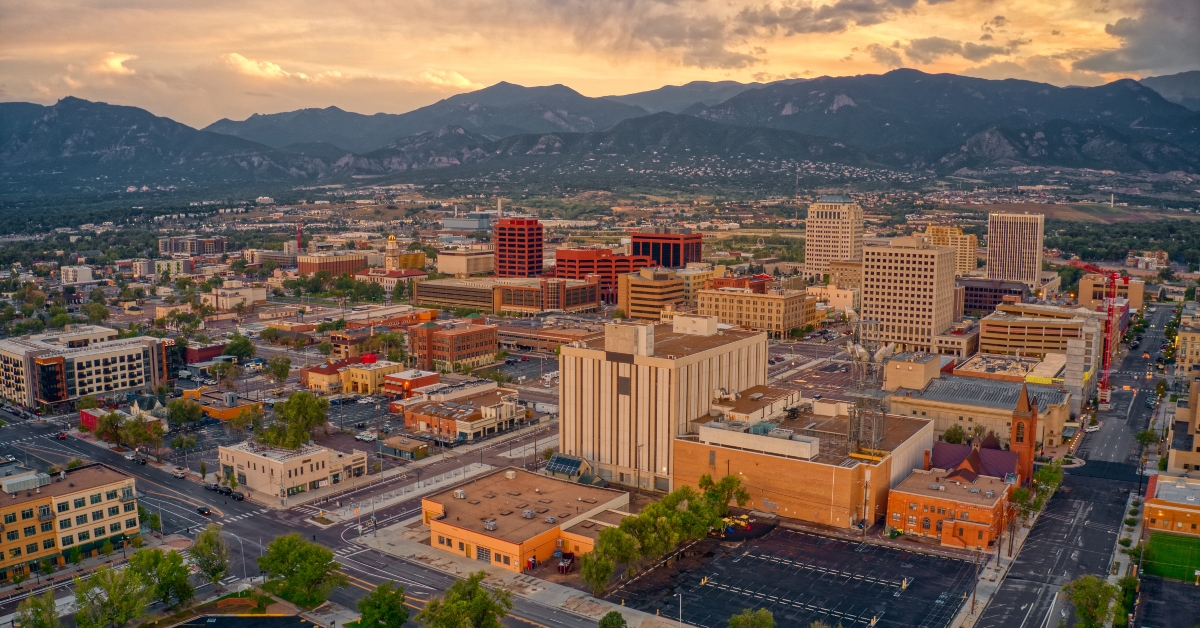 aerial view of colorado springs at dusk