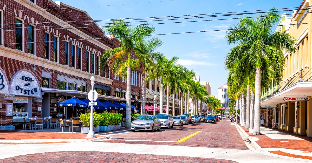 Fort Myers, USA City town main street during sunny day