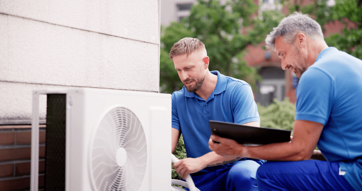 Technicians installing new air conditioner outside home