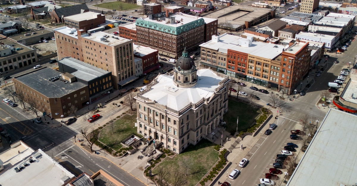 Drone view of Bloomington Illinois courthouse