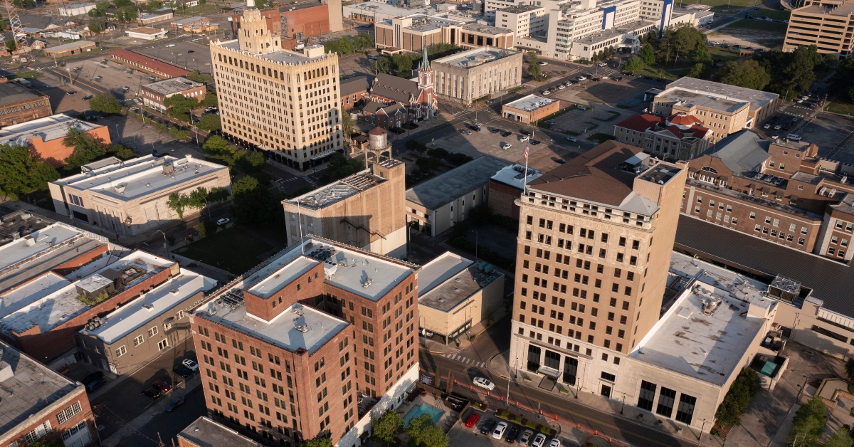 historic buildings in the skyline of downtown Monroe