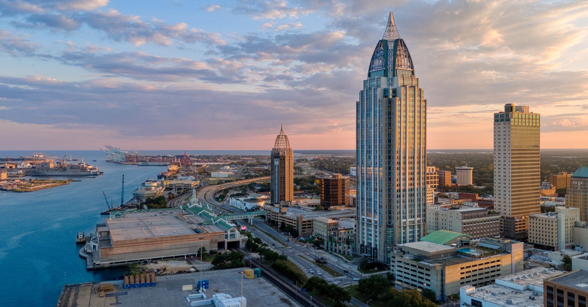 Downtown Mobile, AL at Sunset and Skyline