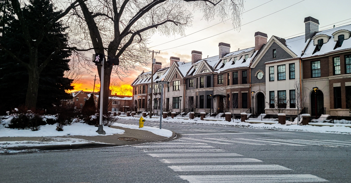 Sunset in the winter in downtown Birmingham, Michigan