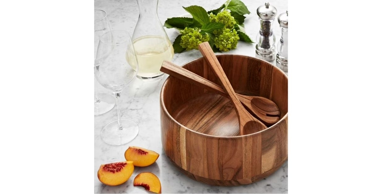 acacia wood salad bowl with servers