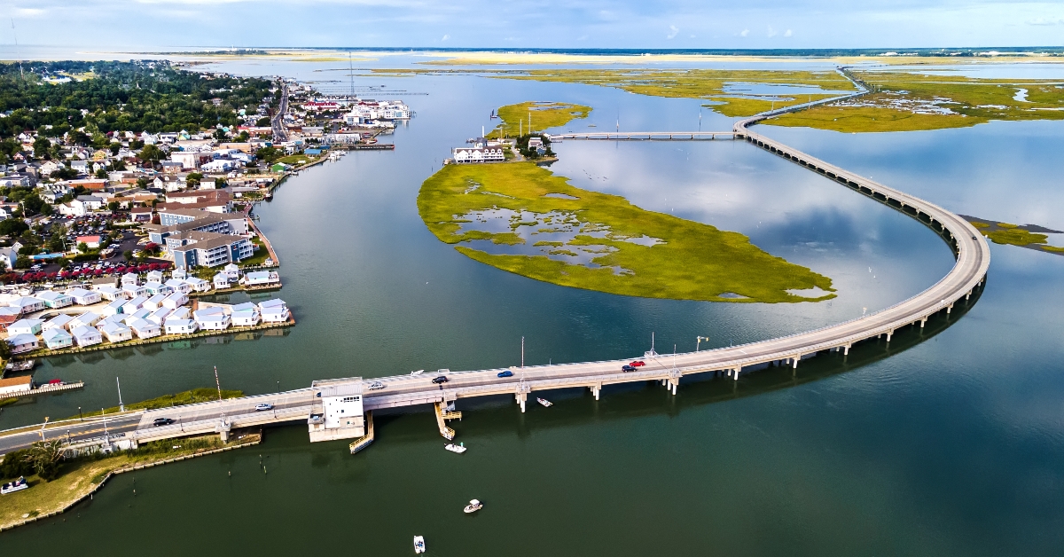 Aerial view of the Long Bridge to Chincoteague Island