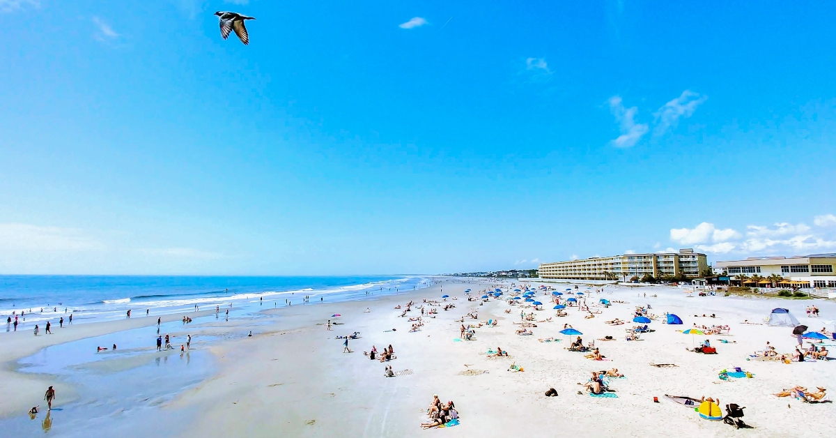 A view of Folly Beach with people