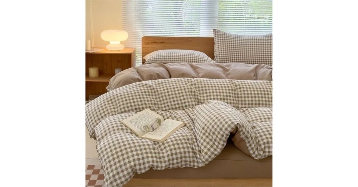 tan gingham queen duvet cover set