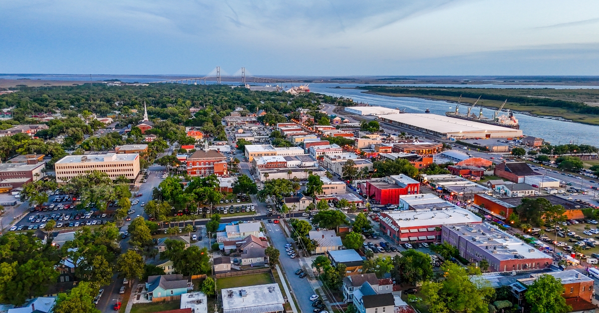 aerial landscape of coastal downtown brunswick city