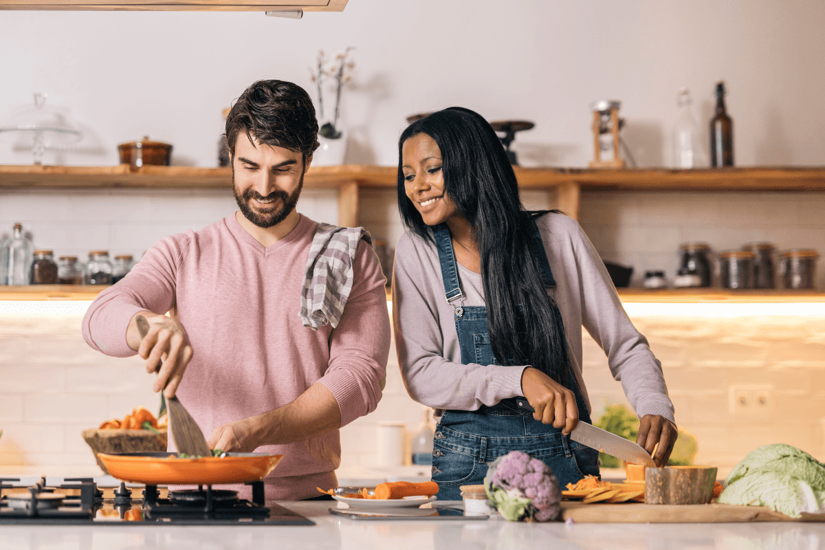 Couple cooking at home to save money, only 8% lack cooking skills, while 86% are intermediate or advanced cooks and 31% order out because they have nothing to make at home.