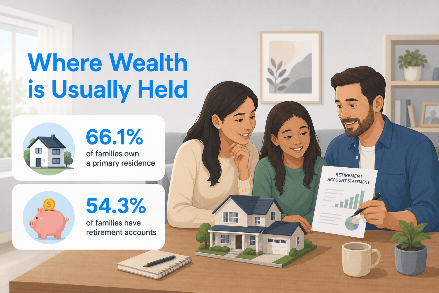 Diverse family discussing finances with a house model and retirement statement in a cozy setting