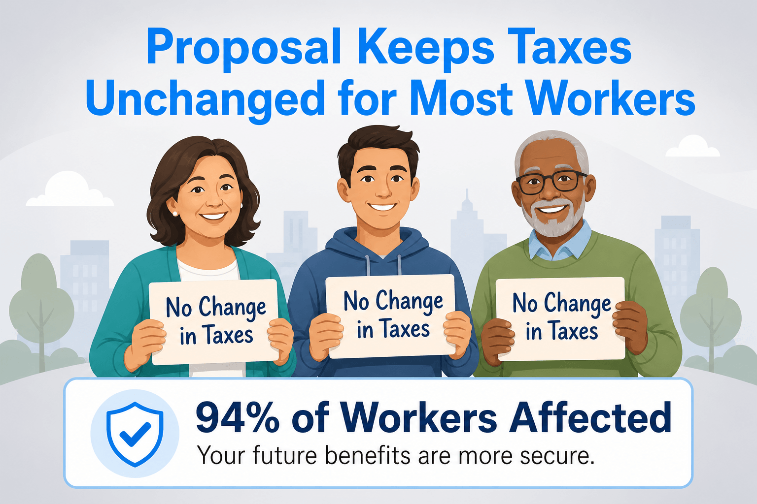 Diverse group of three characters holding signs about taxes, looking relieved against a soft gray ba
