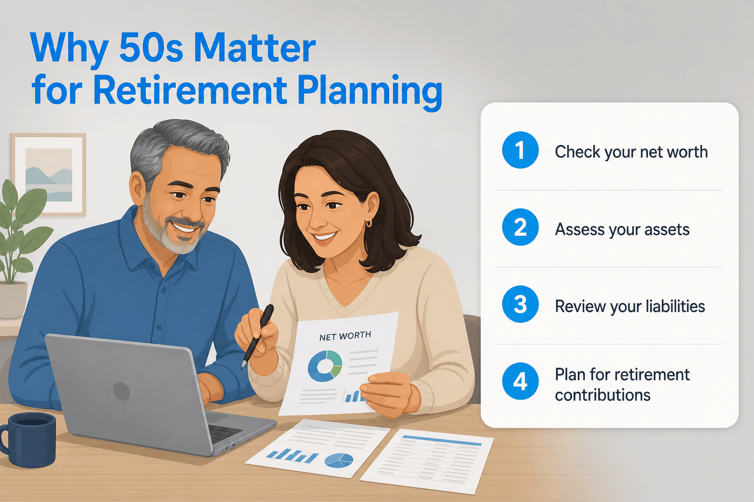 Diverse middle-aged couple at a table with a laptop, reviewing financial documents in a calm setting