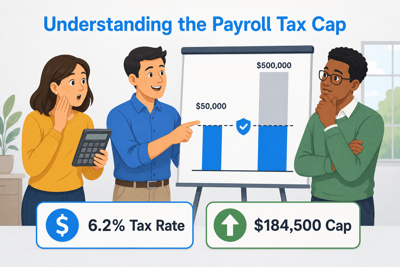 Three diverse characters engage with a chart comparing earnings, with callouts for tax rate and cap.