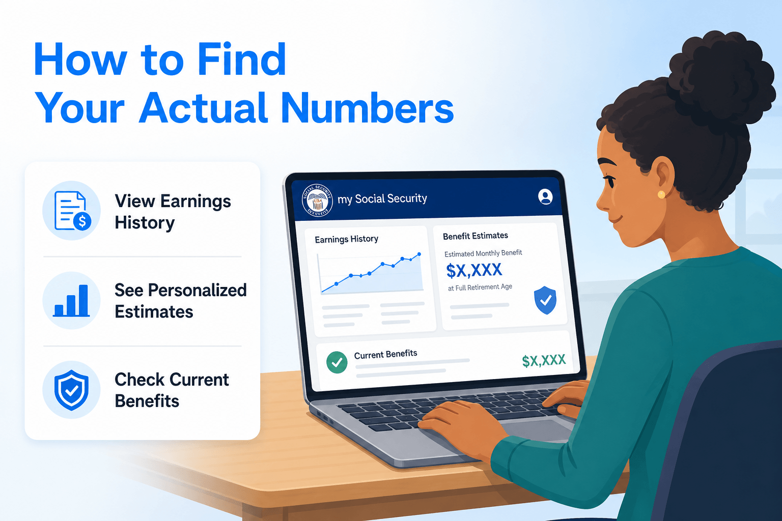 Diverse character at a desk using a laptop to access Social Security account with key points display