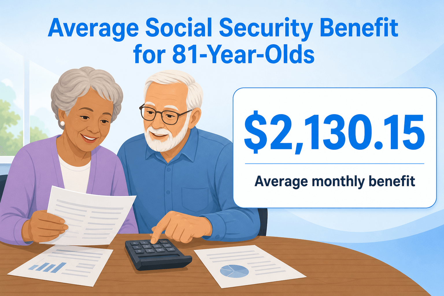 Diverse elderly couple at a table with financial documents and a calculator, focused on their financ