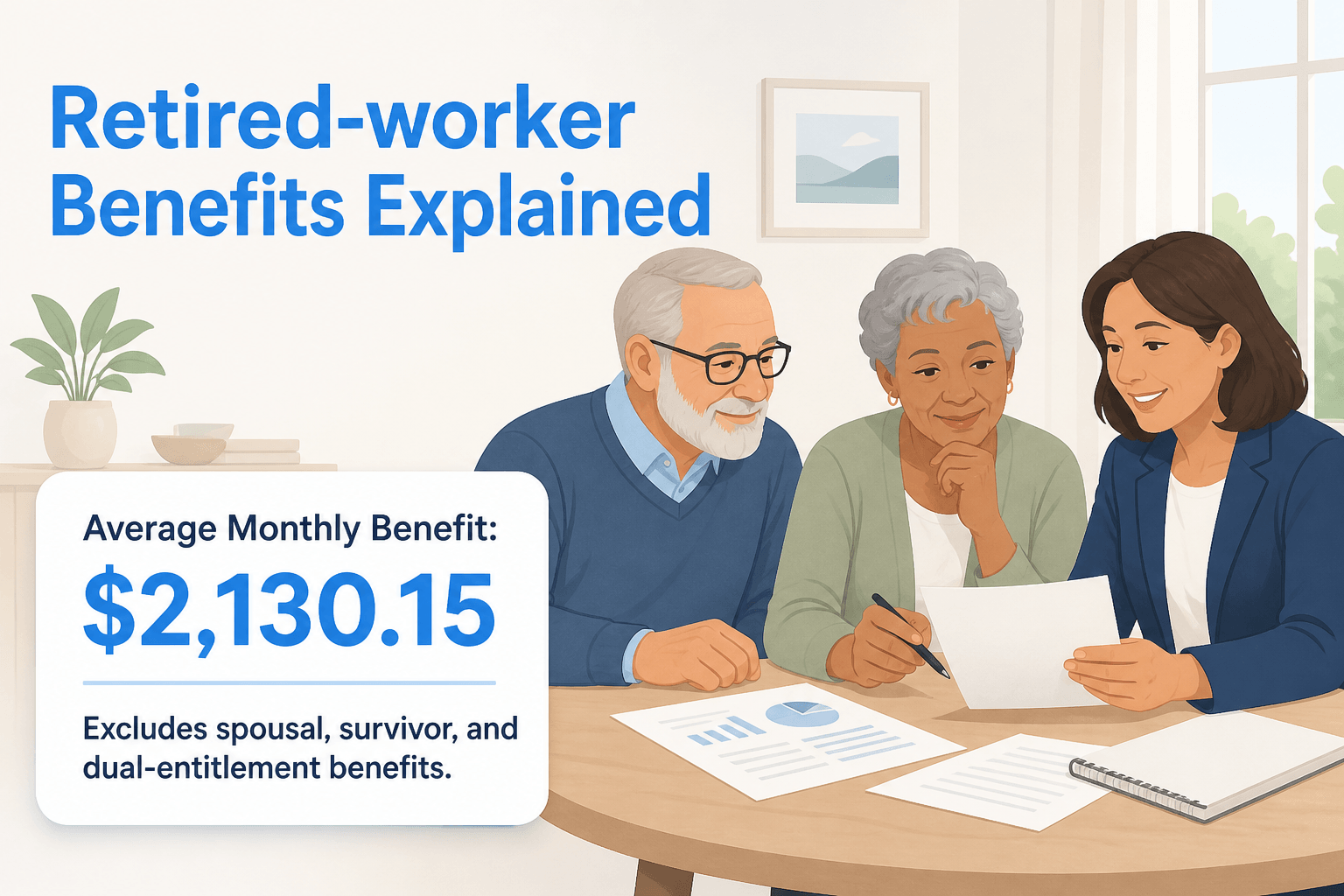 Diverse group of three older adults at a table, reviewing financial documents in a soft gradient set