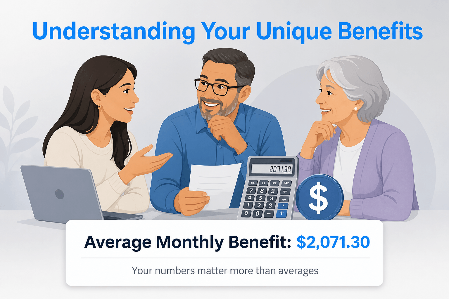 Diverse group of three people discussing benefits with a calculator and dollar sign in a soft gray b