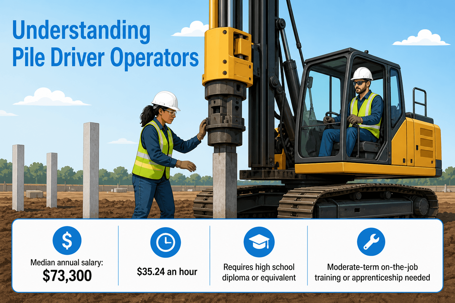 Diverse male and female pile driver operators in safety gear operate a large pile driver at a site