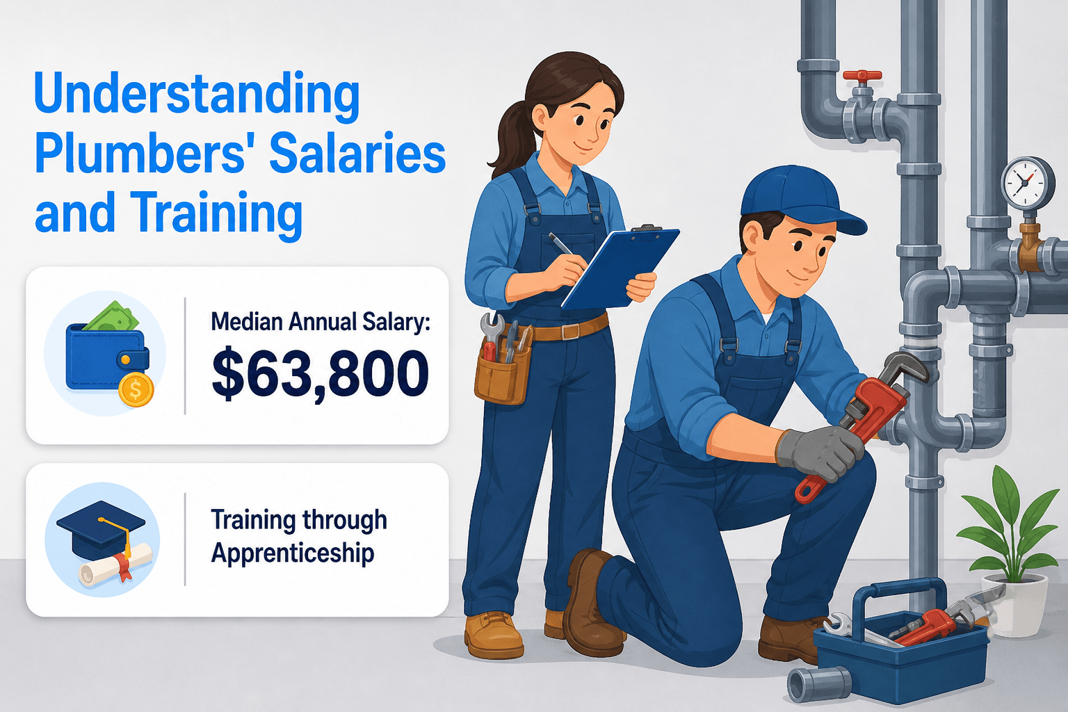 Diverse male and female plumbers in work attire inspecting pipes, with salary and training info disp