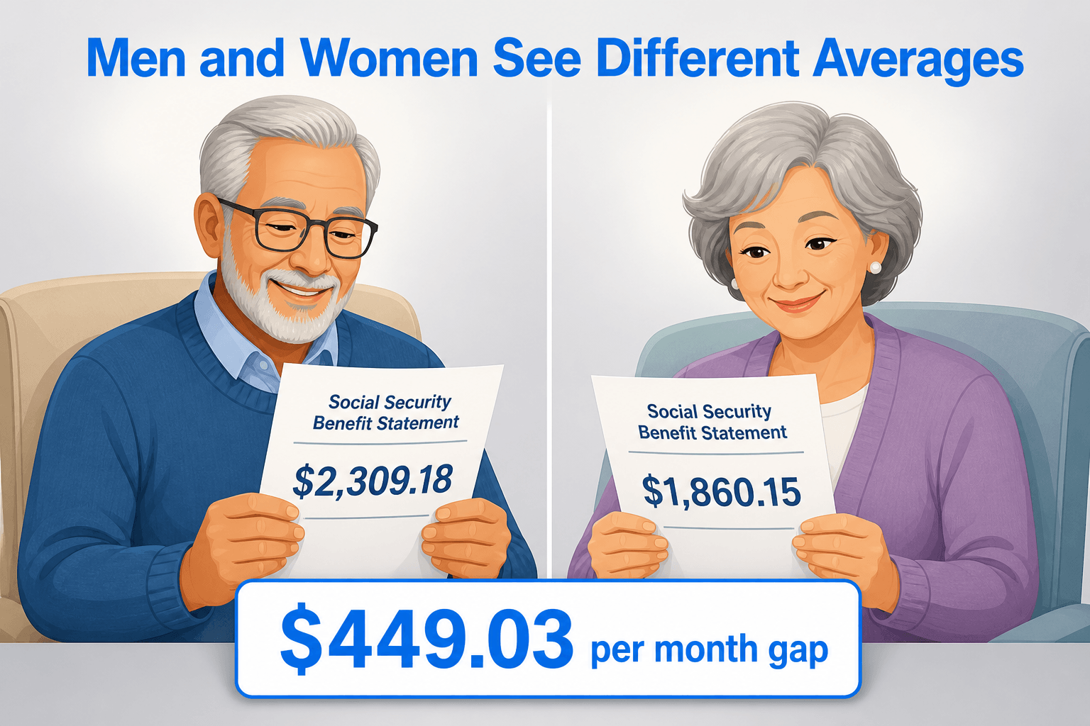 Diverse male and female retirees smiling while reviewing Social Security statements with different a