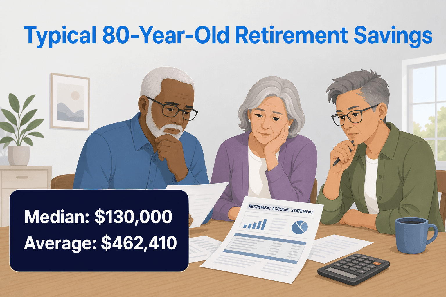 Three older adults of diverse backgrounds sit at a table, reviewing retirement paperwork with concer
