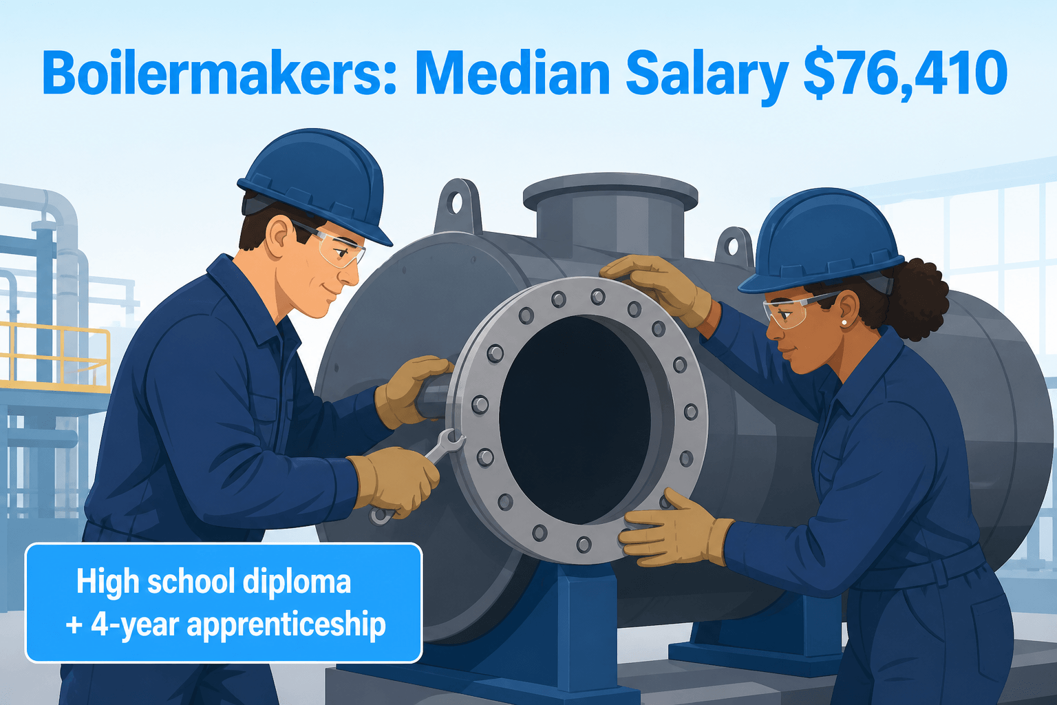 Two diverse Boilermakers in safety gear assemble a large boiler in a light blue gradient setting