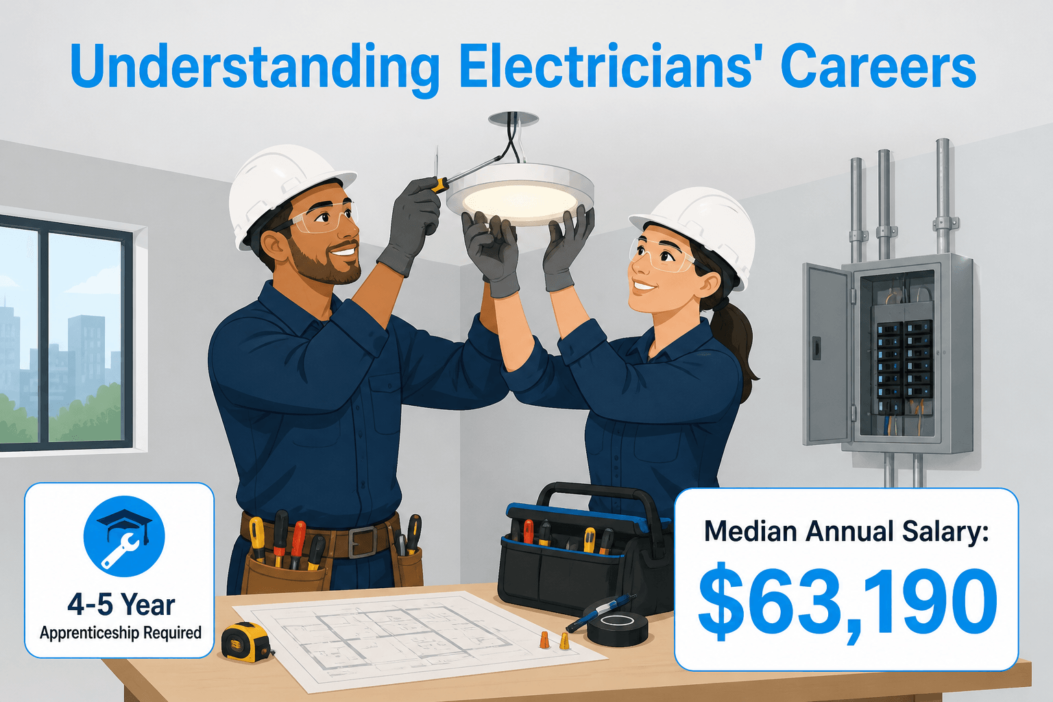 Two electricians in safety gear collaborate on a lighting fixture installation with blueprints and t