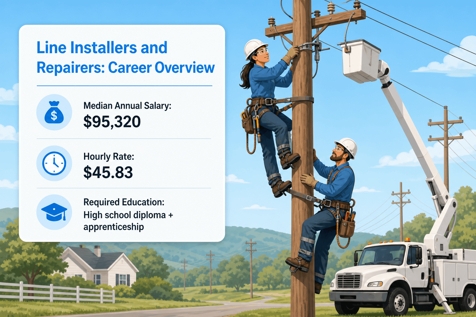 Two line installers in safety gear climbing a utility pole with a bucket truck in a sunny outdoor se