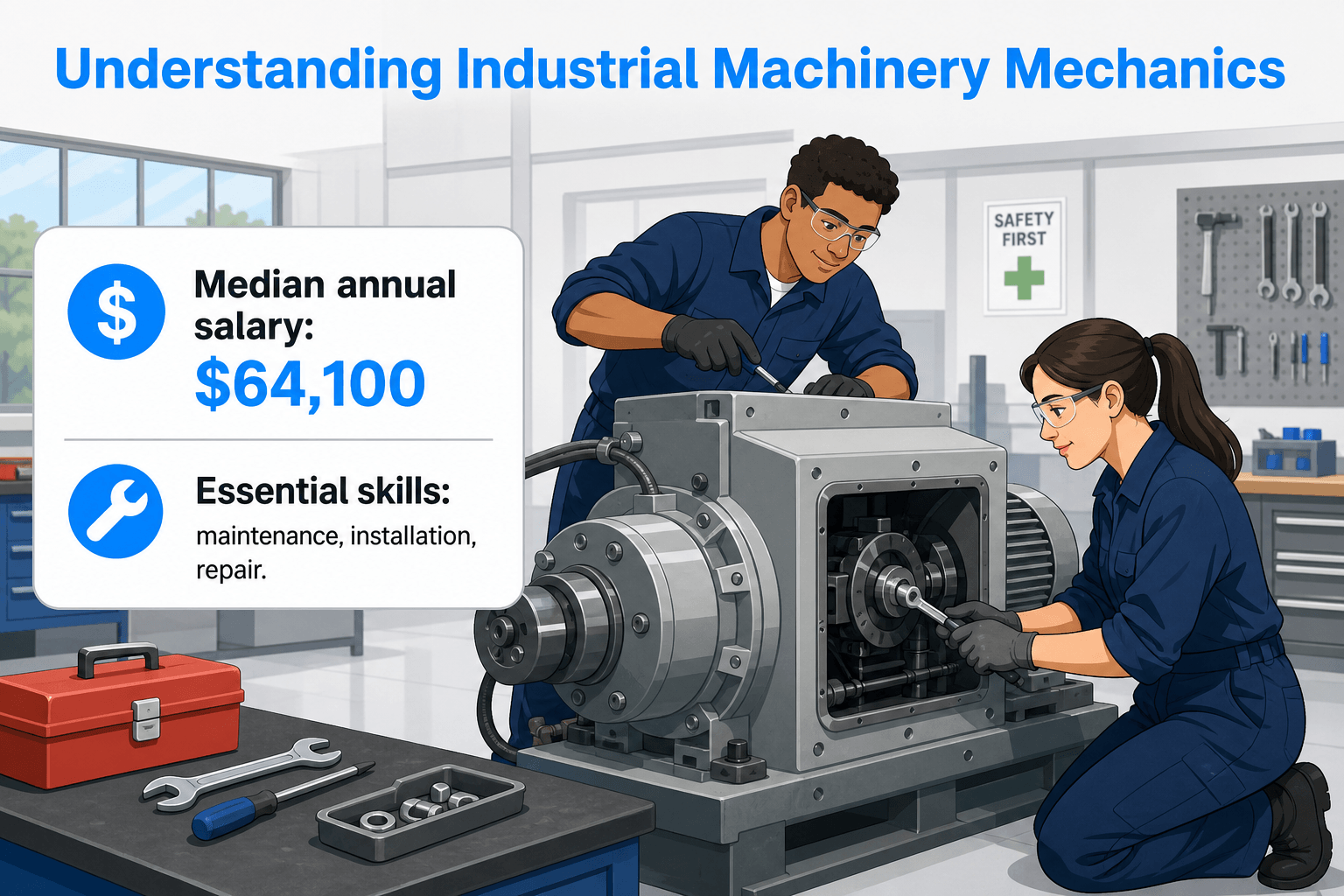 Two mechanics, one male and one female, work on a large industrial machine in a bright workshop
