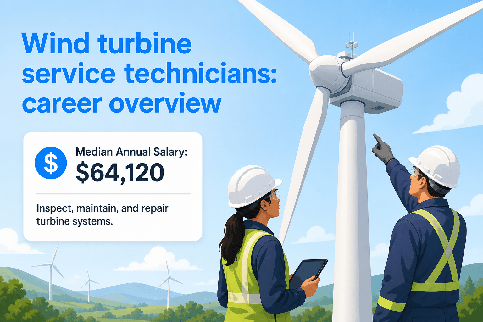 Two technicians in safety gear inspecting a tall wind turbine under a light blue sky with clouds