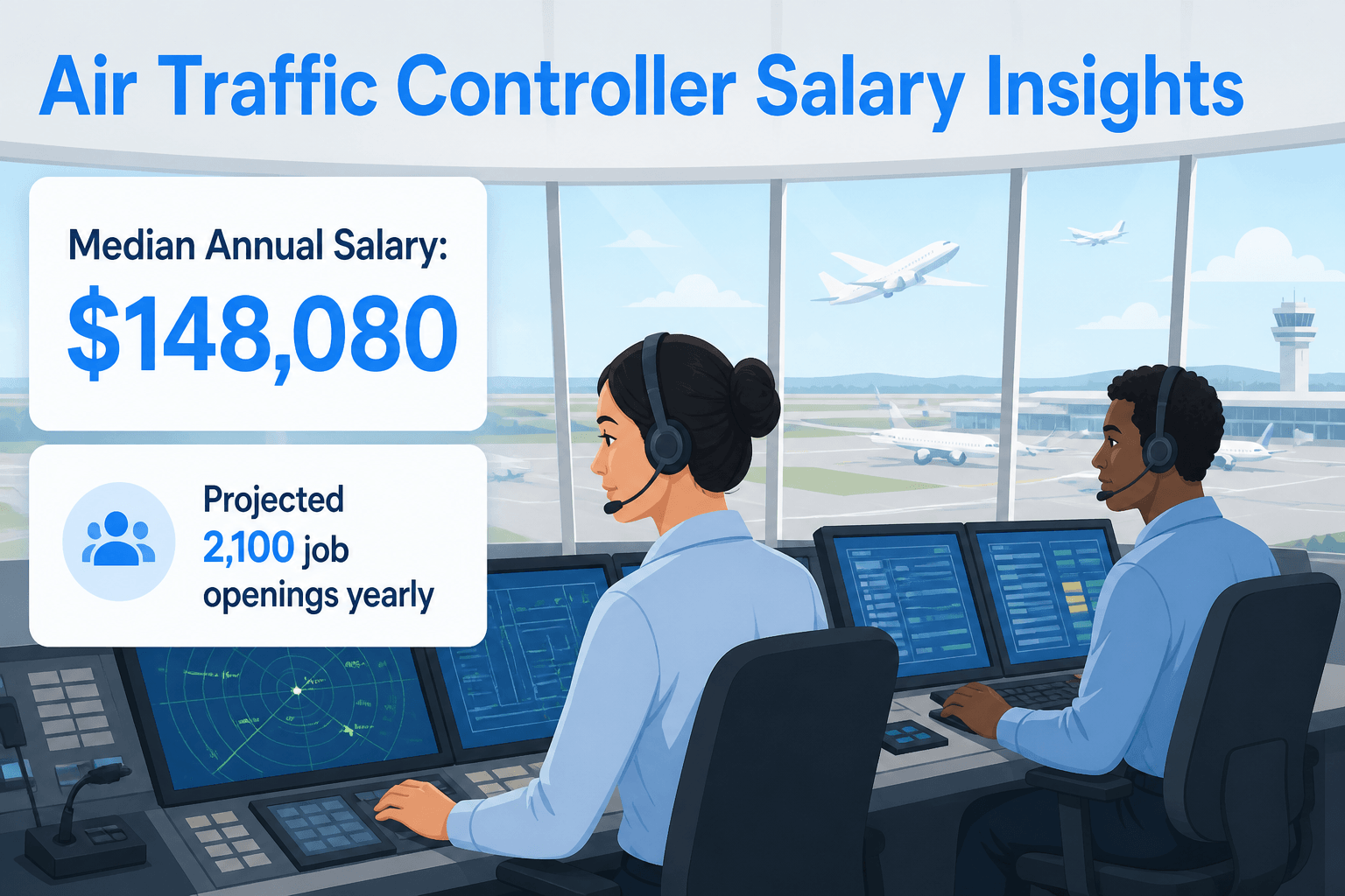 Diverse air traffic controllers monitor screens in a calm control tower with airplanes visible outsi