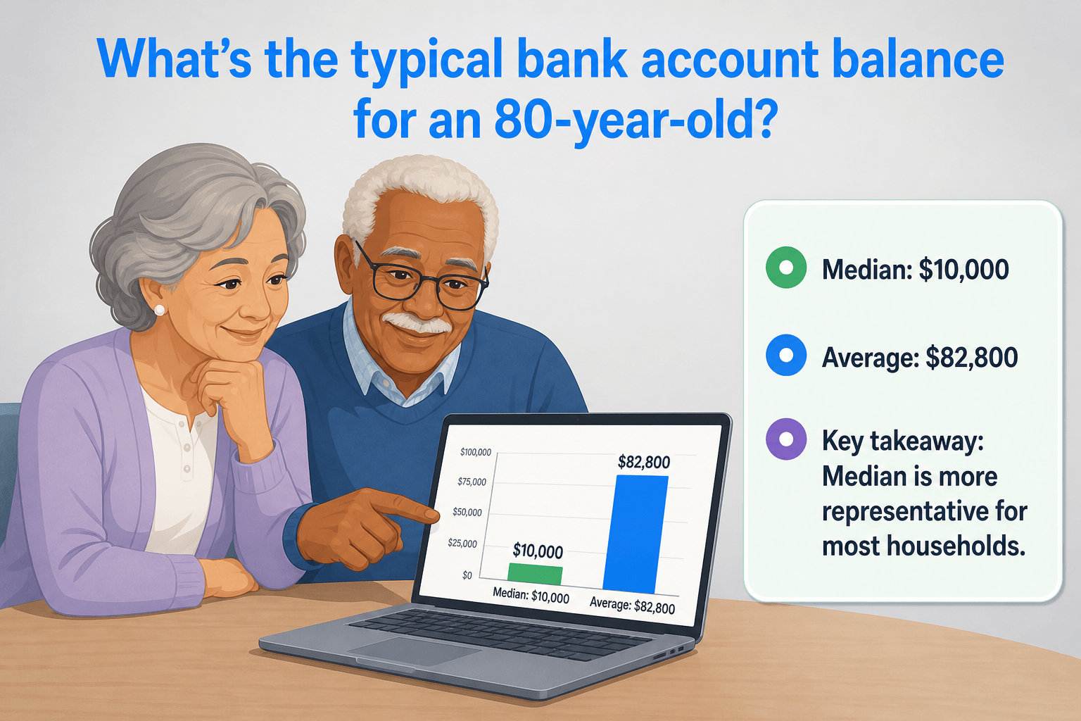 Diverse elderly couple reviewing bank statements on a laptop, displaying a graph of median and avera