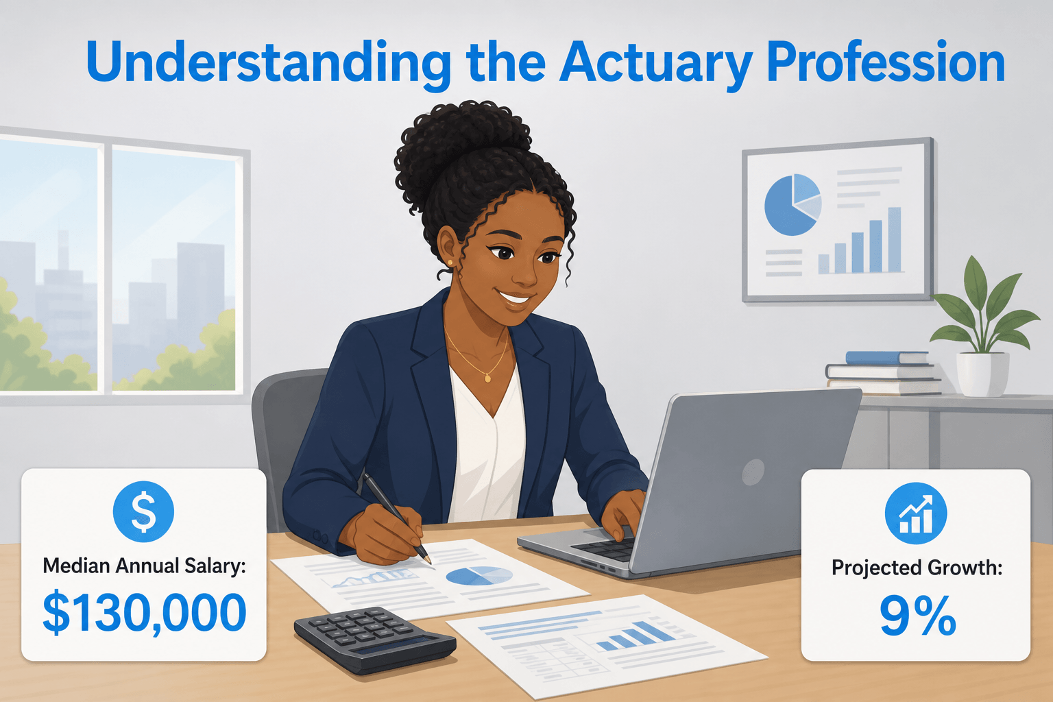 Diverse female actuary at desk with laptop, papers, and calculator; salary and growth stats in corne