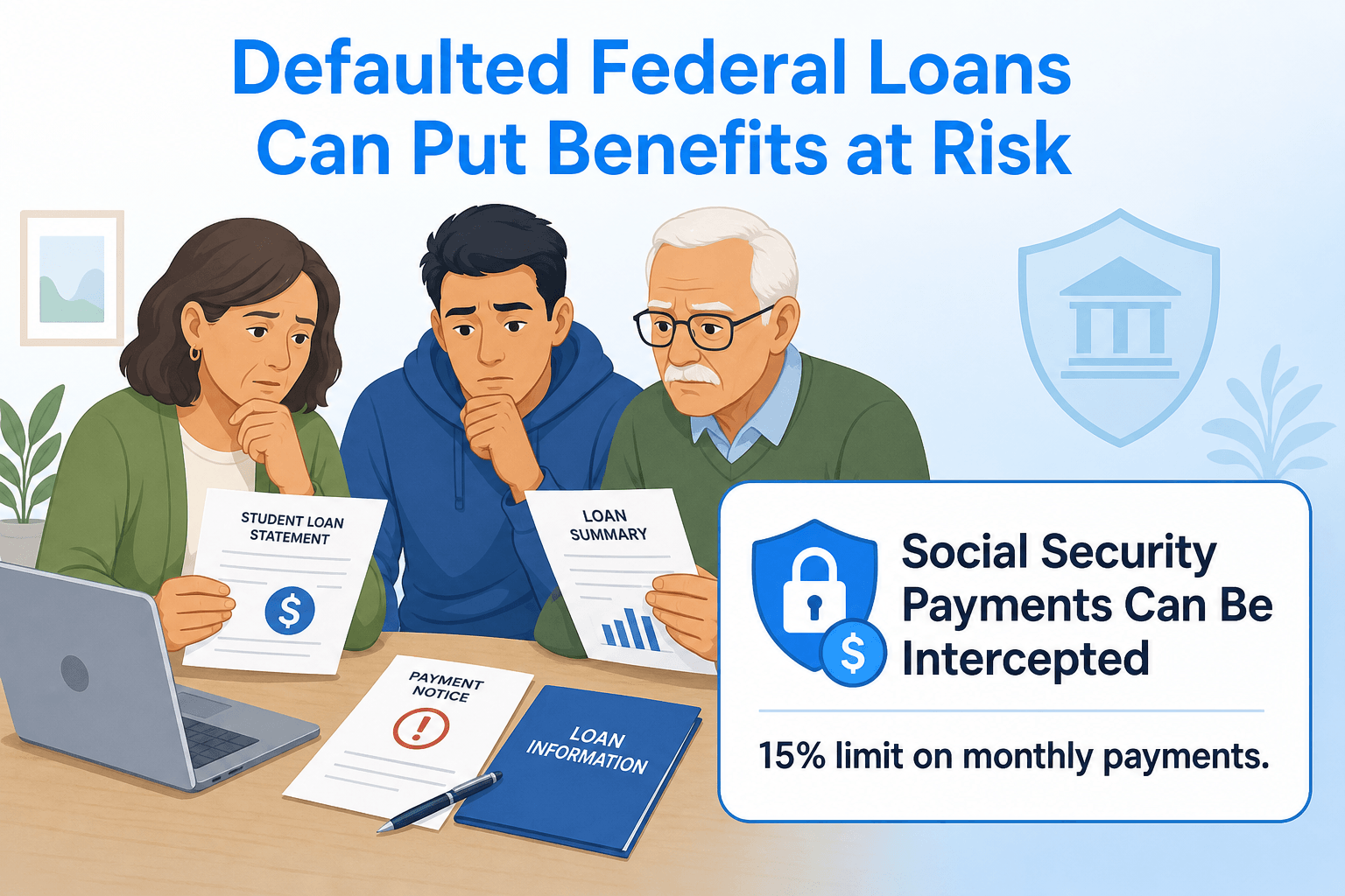 Diverse group of three people at a table reviewing loan documents, looking concerned, with a text ca