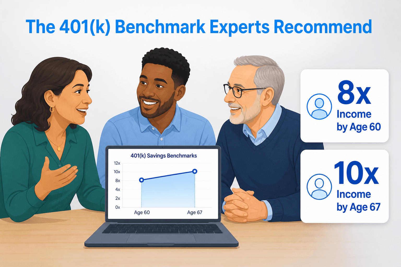 Diverse group of three people discussing financial planning around a table with a laptop and graphs