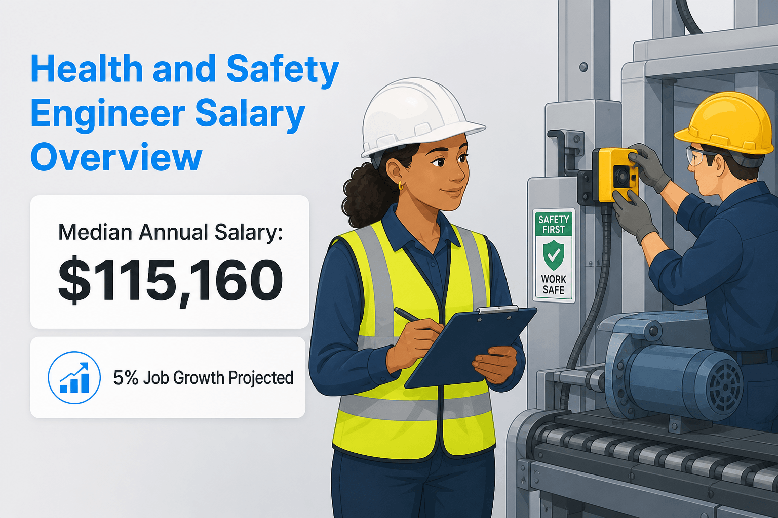 Diverse health and safety engineer inspecting machinery with clipboard and helmet, salary details be