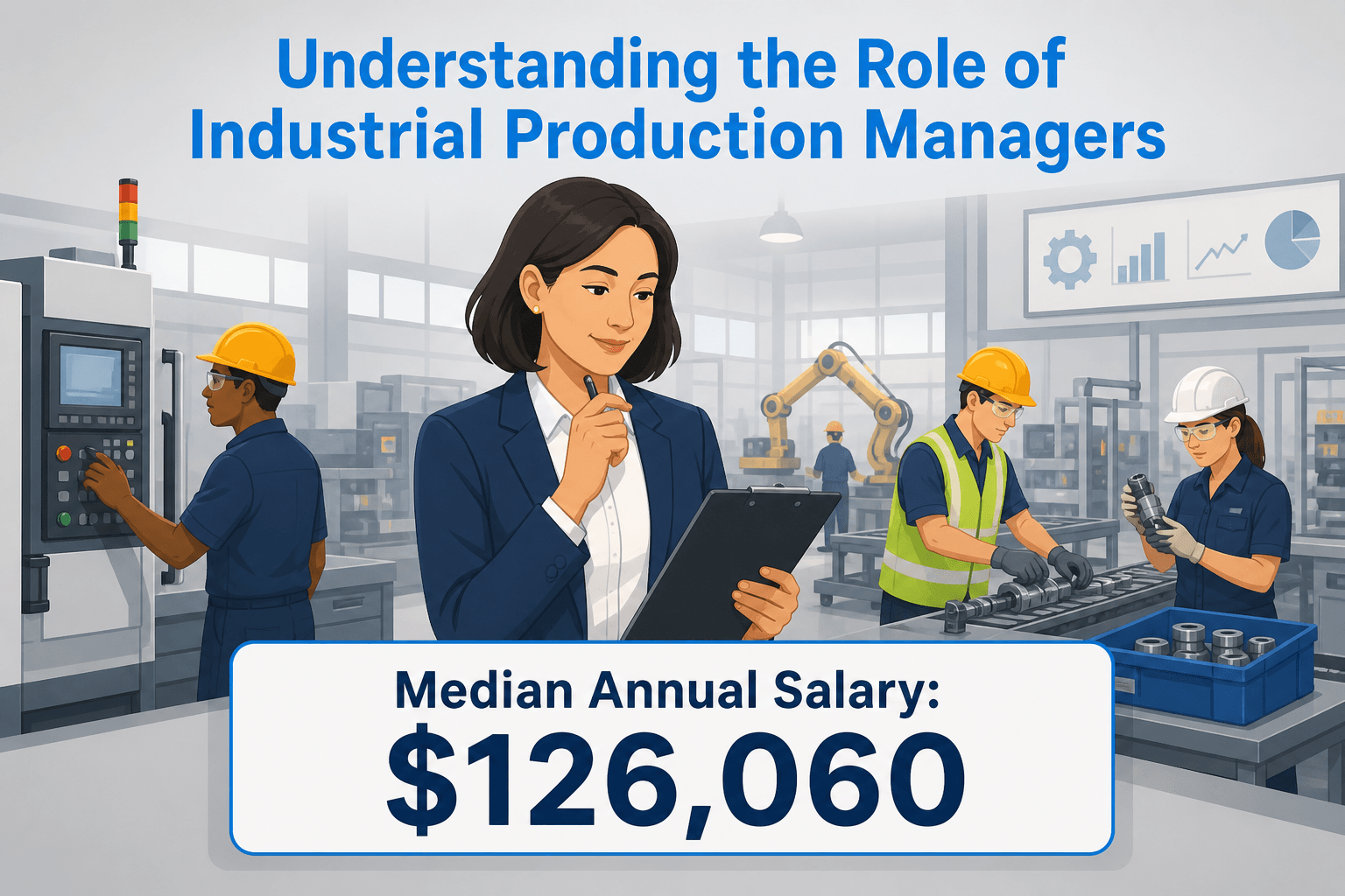 Diverse industrial production manager reviews a clipboard on a busy manufacturing floor with workers