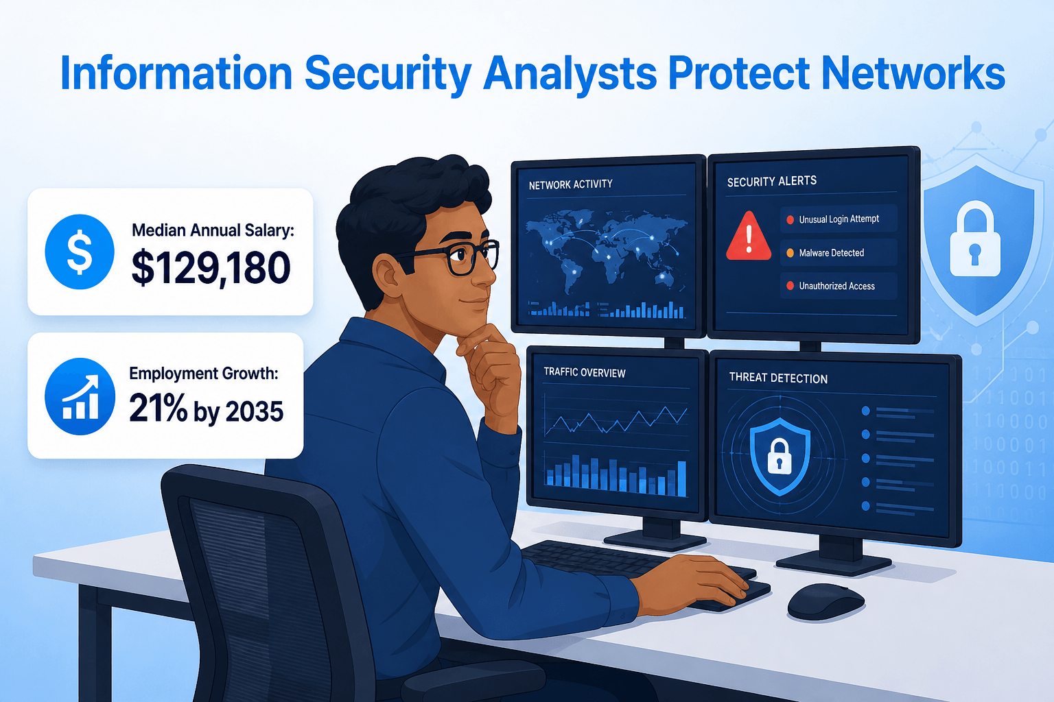 Diverse information security analyst at a desk with multiple screens showing security data and alert