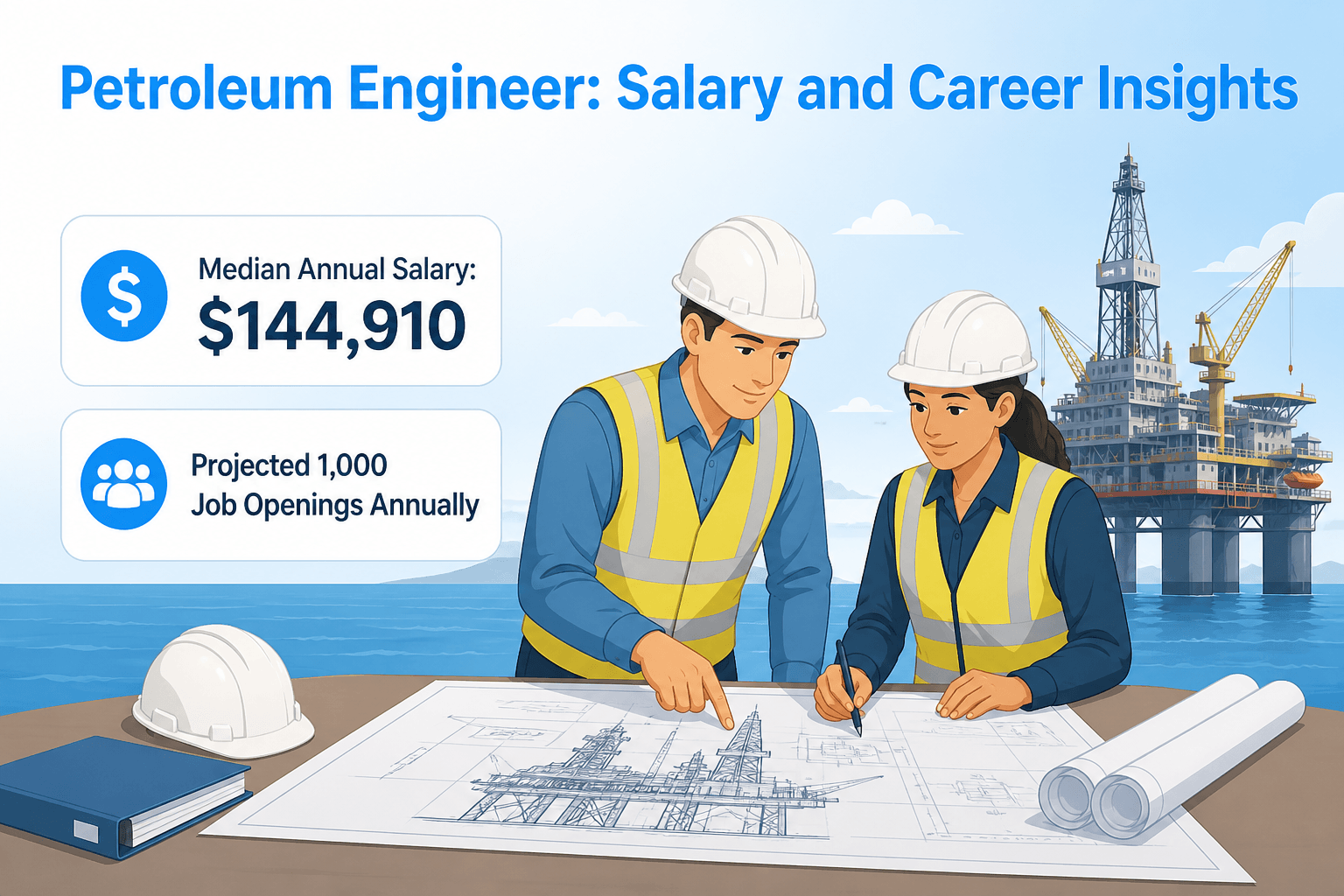 Diverse male and female engineers in hard hats review blueprints at a table with an oil rig behind t