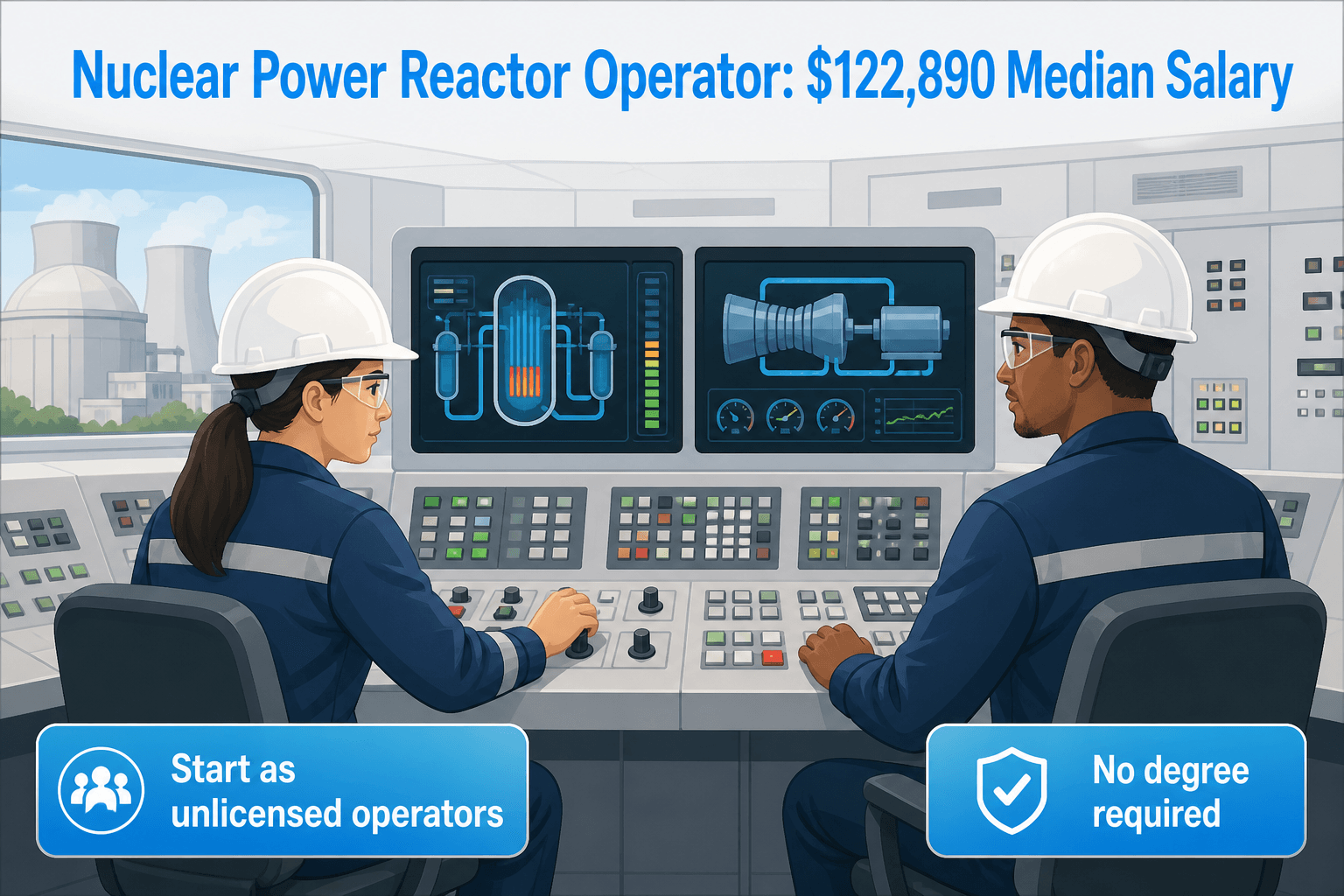 Diverse male and female reactor operators in safety gear monitor a control panel in a clean environm