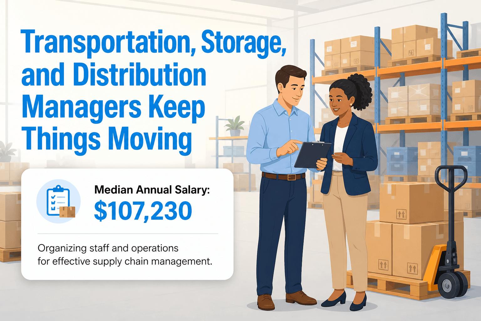Diverse team of two managers discussing logistics in a bright warehouse with shelves and pallets