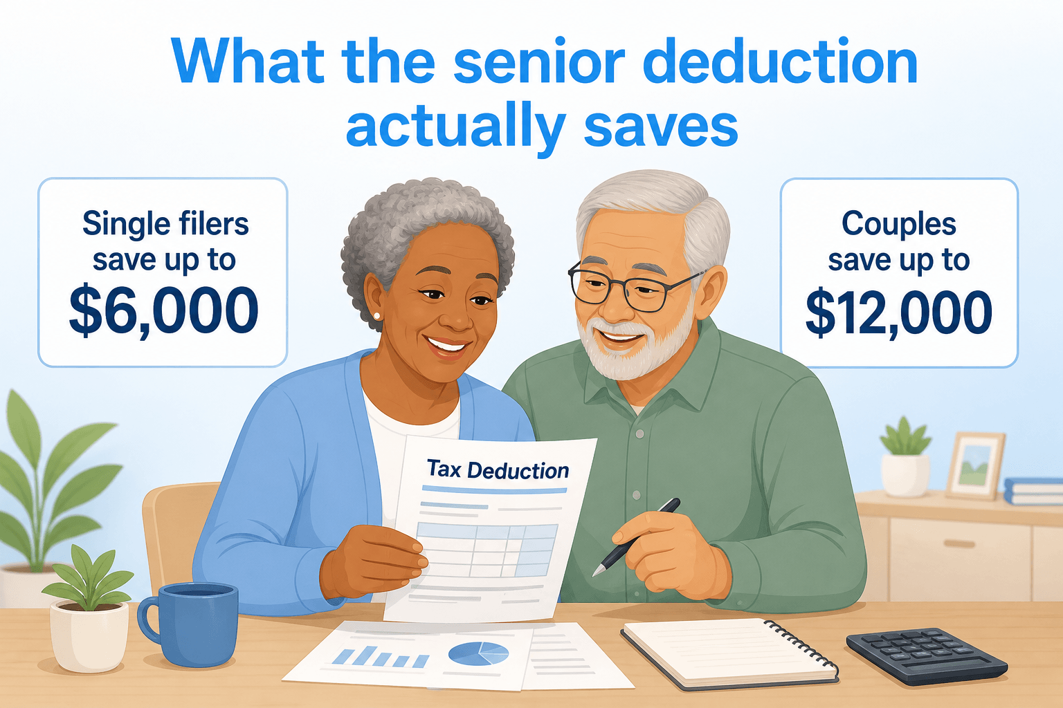 Elderly couple of diverse backgrounds sitting at a table, smiling while reviewing tax documents