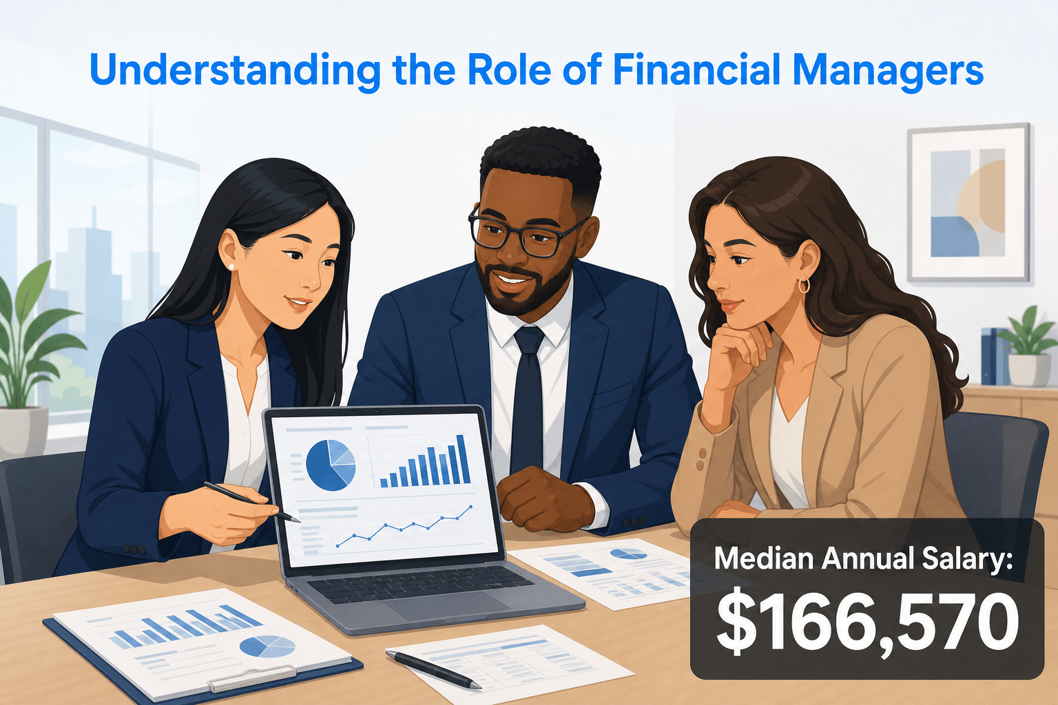 Three diverse financial professionals discussing reports on a laptop in a modern office setting