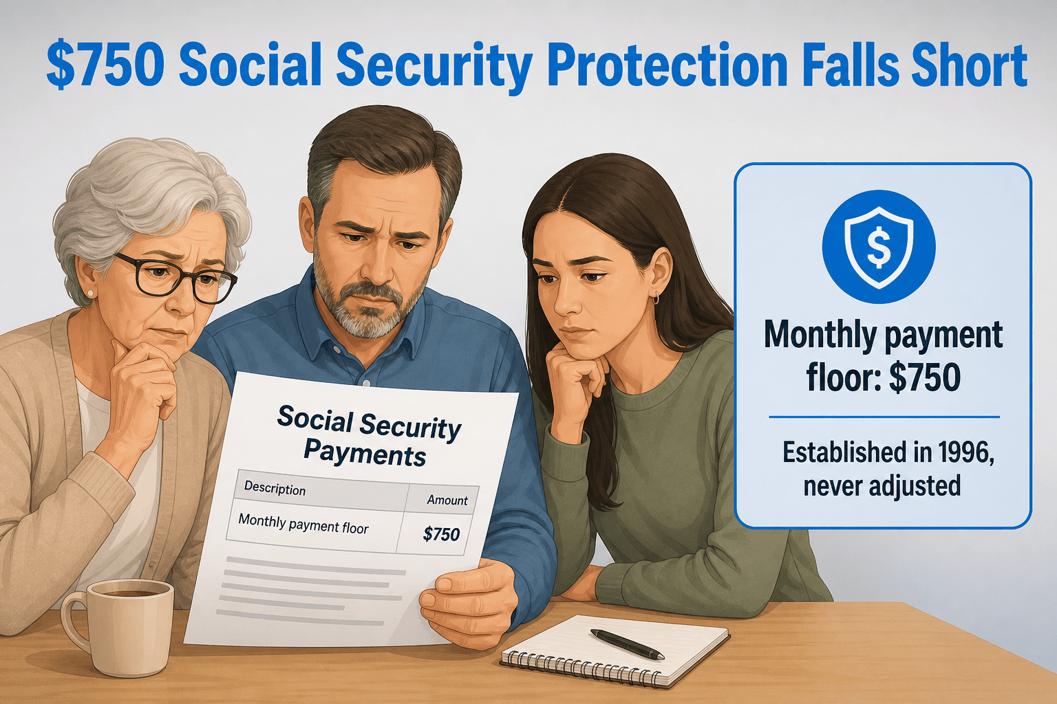 Three diverse people review a document labeled Social Security Payments with concerned expressions